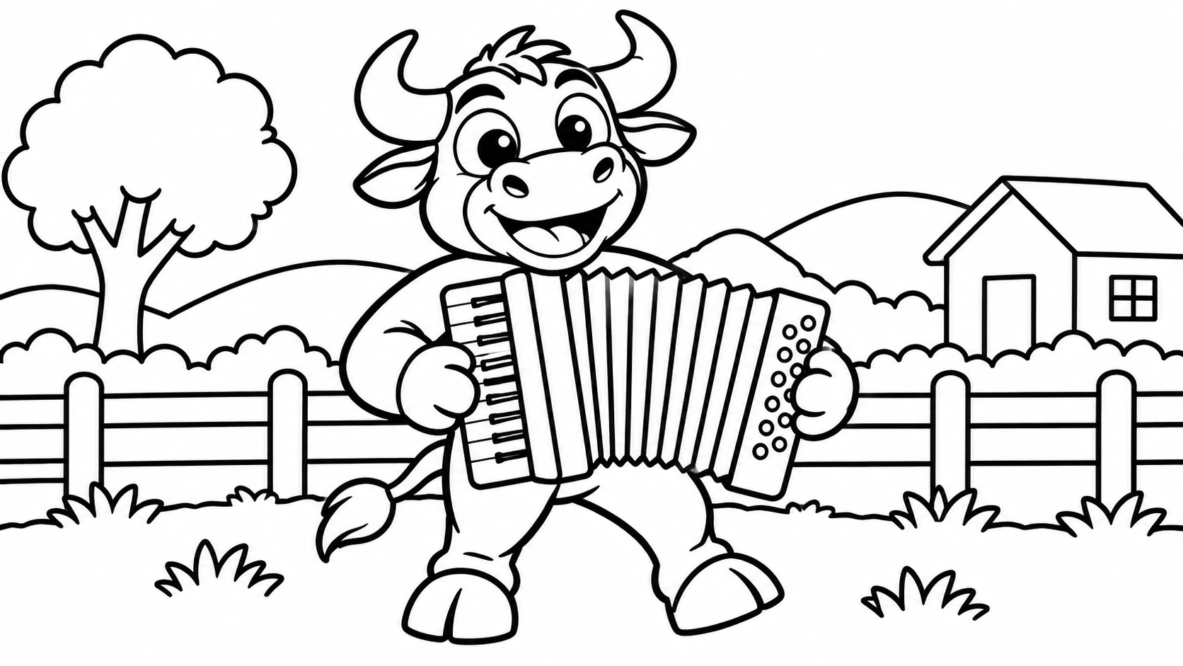 Boi tocando sanfona na fazenda, em desenho para colorir