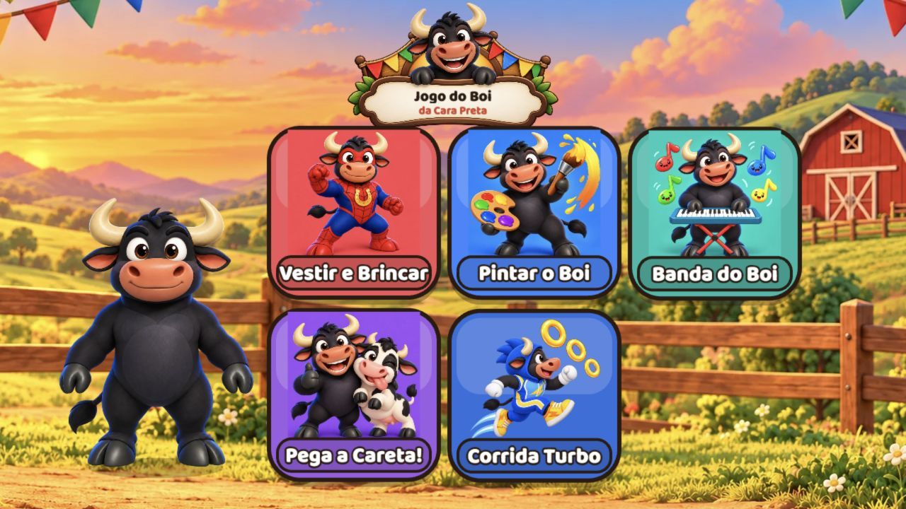 Menu real do Jogo do Boi da Cara Preta com as cinco brincadeiras